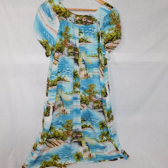 Puanani RJC Hawaii Womens L Rayon Hawaiian Dress MuuMuu Island Ocean Print Blue - Picture 9 of 11